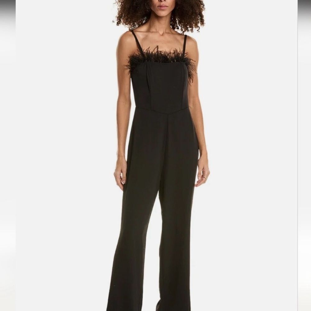 Nicole Miller Black Pant Jumpsuit with Ostrich Feather Trim Detail Size 10